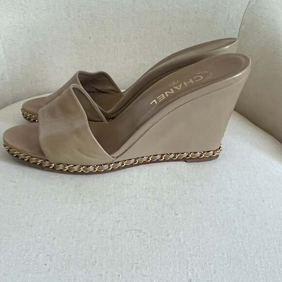 Chanel Beige w/Gold Chain Wedge Mules - Picture 1 of 10